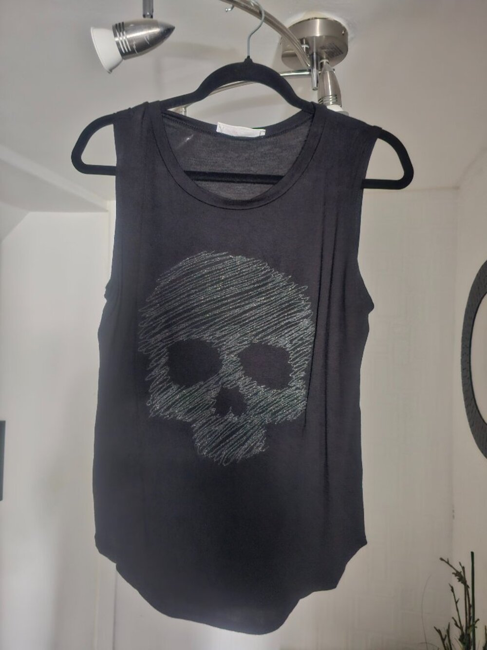Black Skull Graphic Muscle Tank Top Size Medium Silver Glitter Rocker Goth